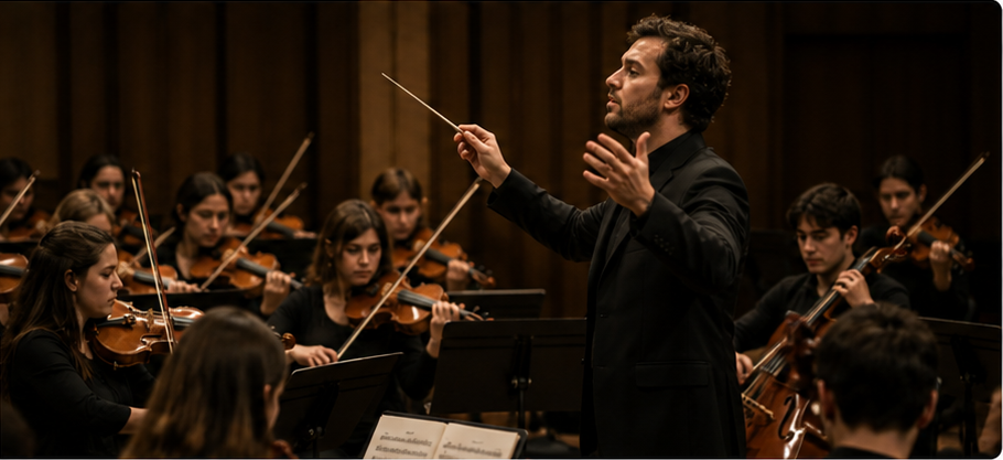 Director de orquesta frente a estudiantes de cuerda